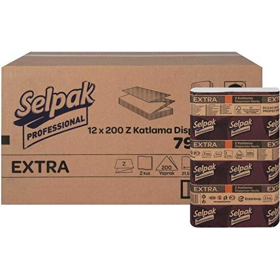 Selpak Extra Dispenser Kağıt Havlu - Z Katlama Havlu - 2 Kat - 200 Adetlik 12 Paket / Koli
