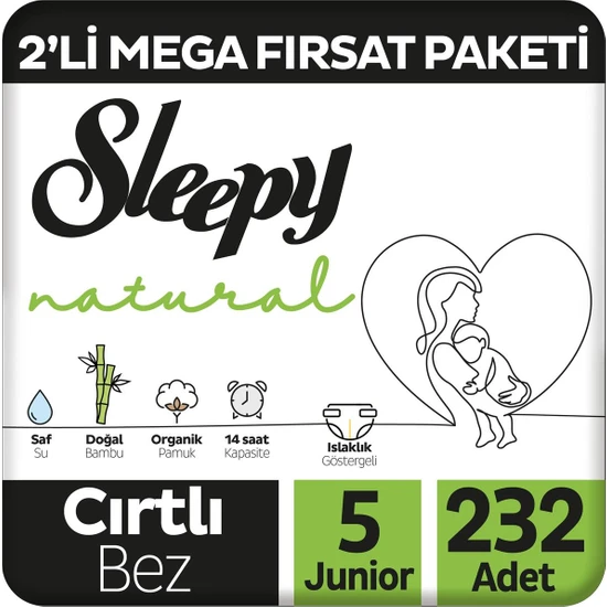 Sleepy Natural 2'li Mega Fırsat Paketi Bebek Bezi 5 Numara Junior 232 Adet