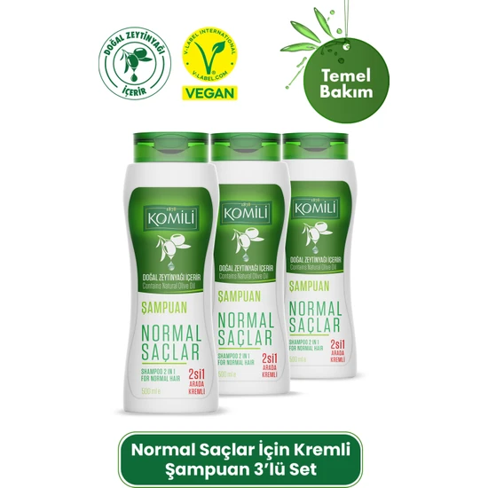 Komili Normal Saçlar Için 2'si 1 Arada Kremli Vegan Temel Bakım Şampuanı 3'lü Set-  - 3 x 500 ml