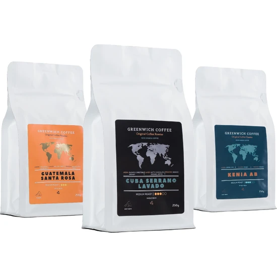 Greenwich Coffee Seti Yöresel Filtre Kahve Deneme Paketi 3 x 250 gr Arabica (Guatemala Cuba Kenya)