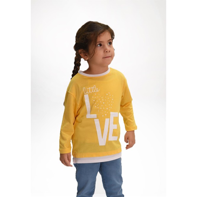 Luess Kız Çocuk Love Baskılı Ekru Garni Detaylı Uzun Kol Pembe T-Shirt