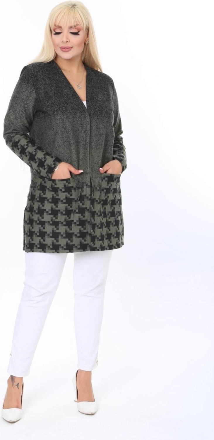 Mia Butik Büyük Beden Haki Siyah Desenli Hırka görsel 2