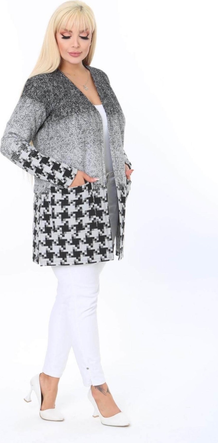 Mia Butik Büyük Beden Gri Siyah Desenli Hırka görsel 5