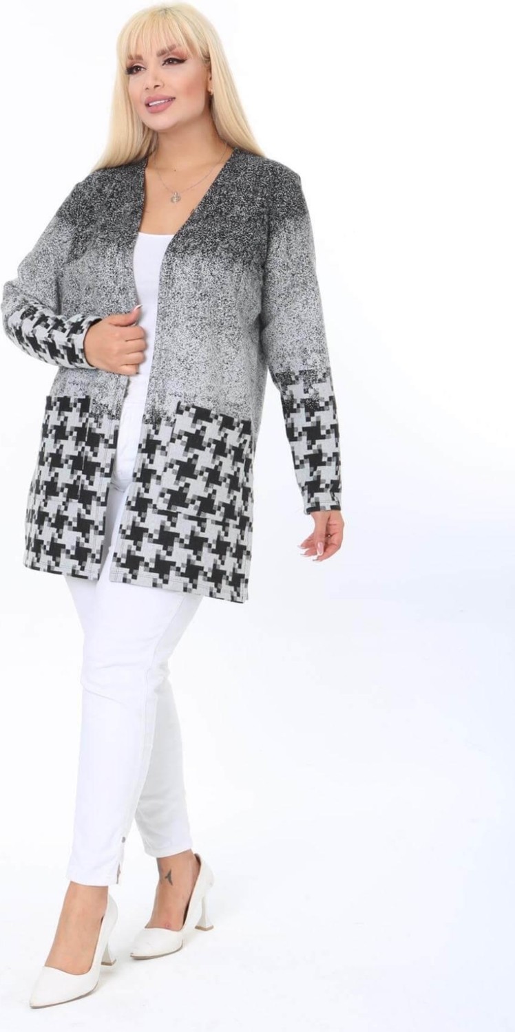 Mia Butik Büyük Beden Gri Siyah Desenli Hırka görsel 2