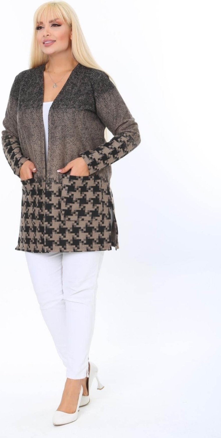Mia Butik Büyük Beden Kahve Siyah Desenli Hırka görsel 2