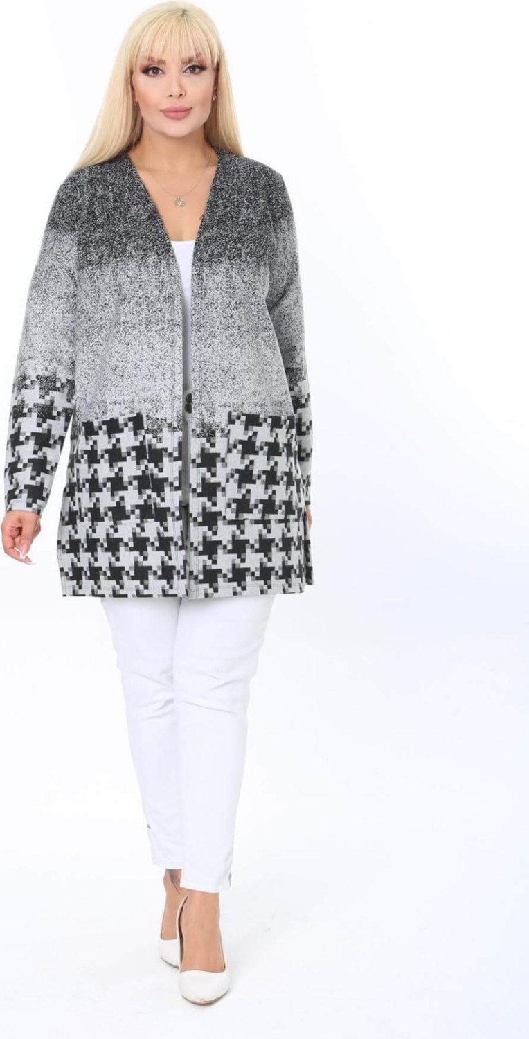 Mia Butik Büyük Beden Gri Siyah Desenli Hırka