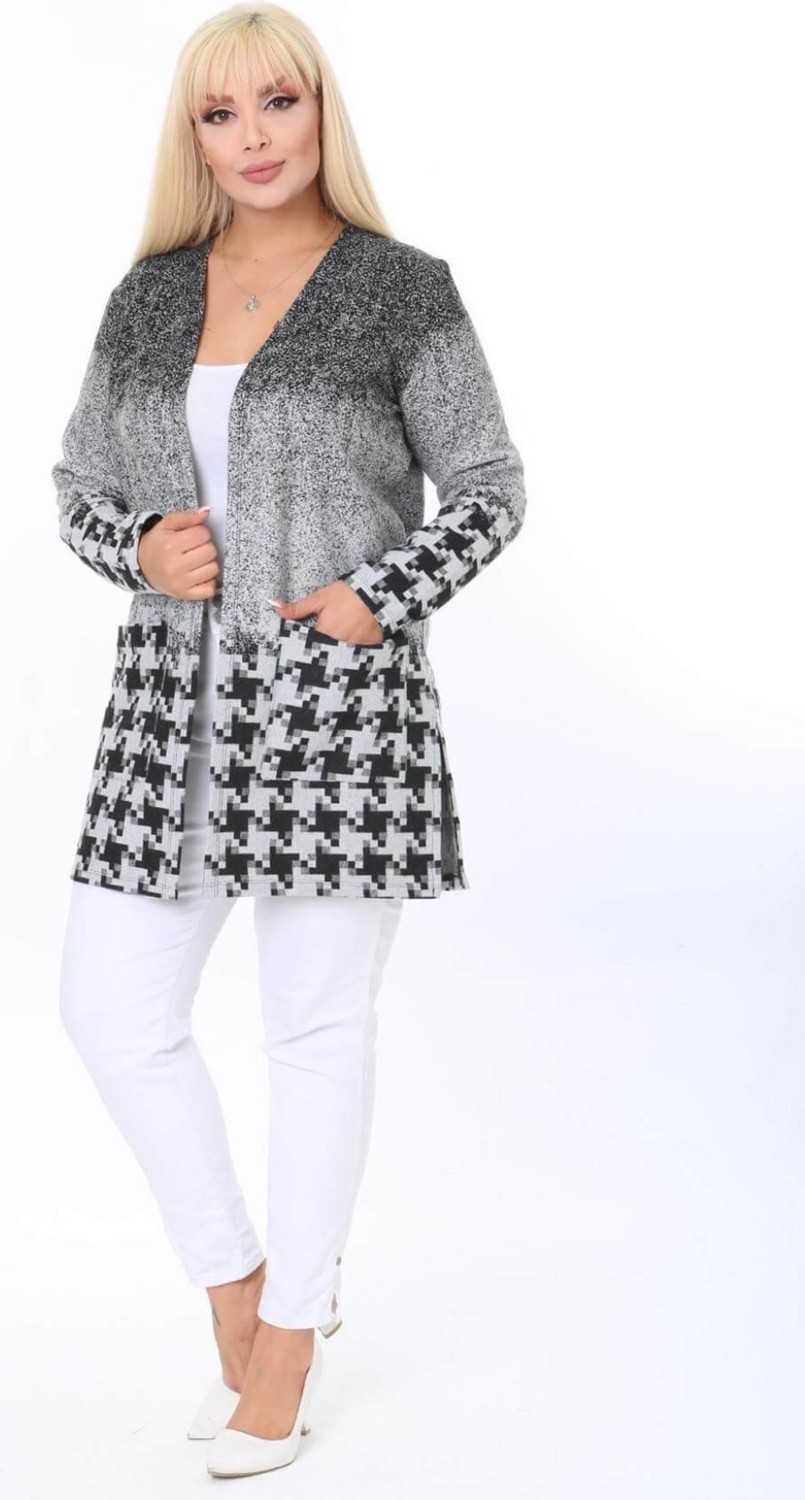 Mia Butik Büyük Beden Gri Siyah Desenli Hırka görsel 4