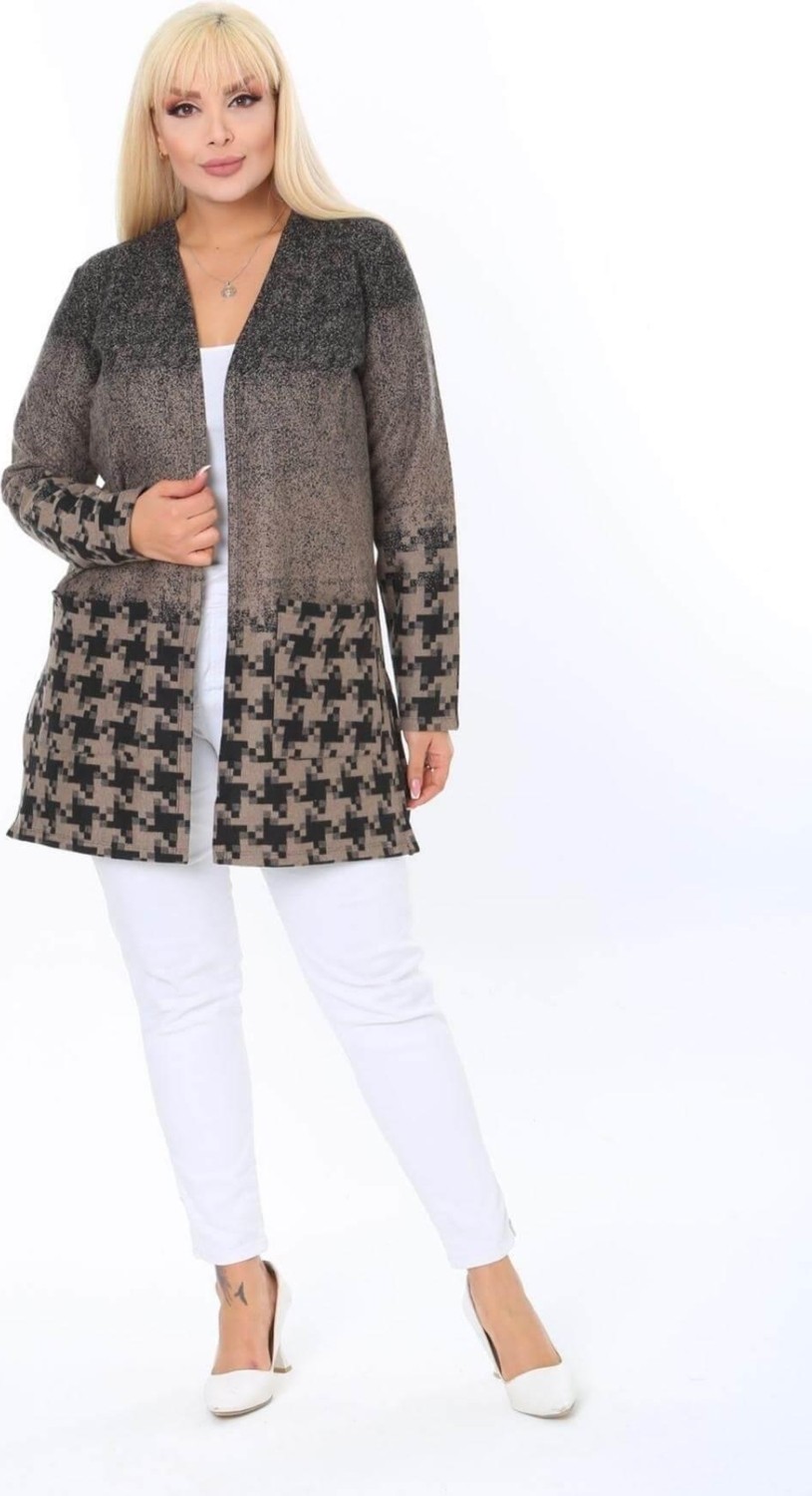 Mia Butik Büyük Beden Kahve Siyah Desenli Hırka