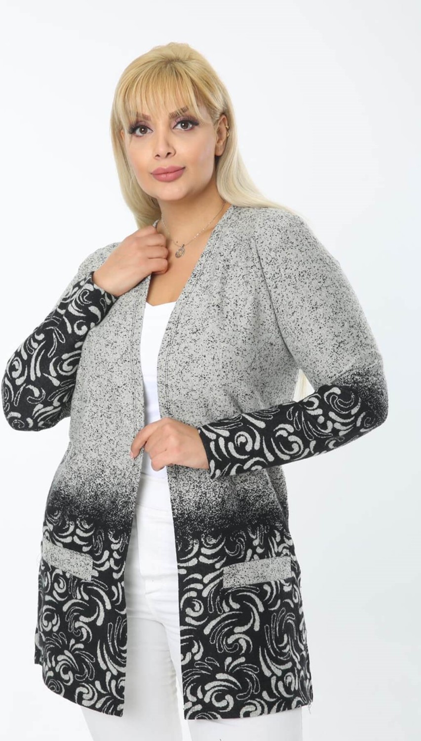 Mia Butik Büyük Beden Gri Siyah Yaprak Desenli Cepli Kısa Hırka görsel 2
