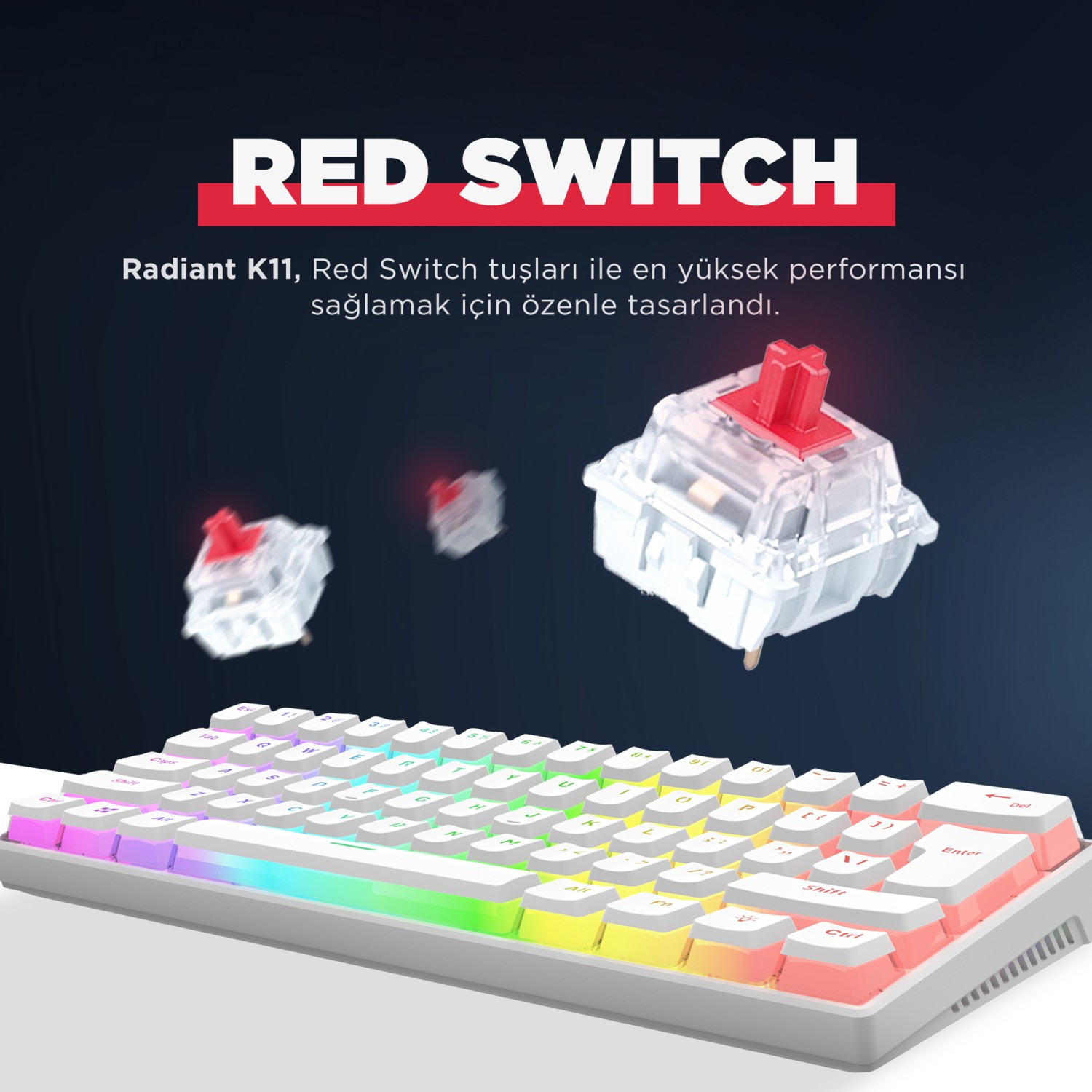 Rampage RADIANT K11 Tastiera Gaming Meccanica: Layout US, Switch Rossi, Retroilluminazione RGB Pudding, Cavo USB-C