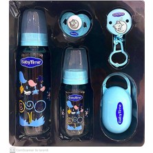 BabyTime Yenidoğan Bebek Seti Cam Desenli Biberon ve Emzik 5 Parça Mavi 0-3 Yaş Hediye Kutulu