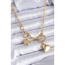 Callerrons Accessories  316L Çelik Gold Renk Zirkon Taş Detay Kalp Figür Kadın Kolye