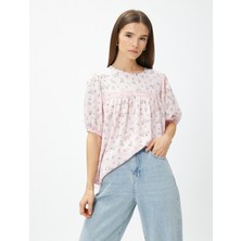 Koton Çiçekli Bluz Fisto Şerit Detaylı Balon Kol