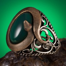 Anı Yüzük Fierce Snake Yılan Motifli Yeşil Taşlı Gümüş Erkek Yüzük