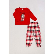Hopi Kids Kız Çocuk Önü Baskılı Ekose Desenli Pantolonlu Pijama Takımı - Kırmızı - 4-5 Yaş