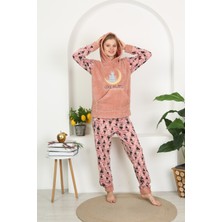 Tamay Kışlık Well Soft  Kedi Desenli Kapüşonlu ve Kanguru Cepli  Ikili Polar  Peluş  Pijama Takım