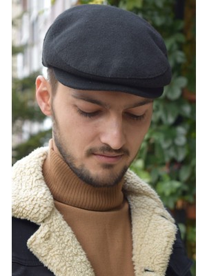 Shopiolog London Siyah Kasket Kaşe Kışlık Kumaş Şapka