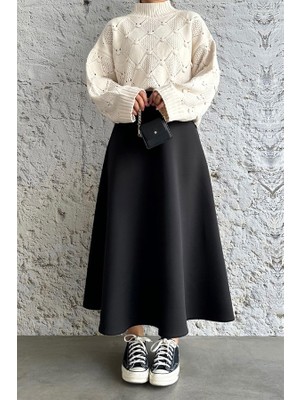 Cng Moda Puf Scuba Siyah Etek Düz Desenli Dalgıç Kumaş Kadın XS Beden Trend Stil