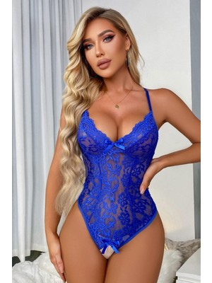 YNT -  Özel Bölgesi Açık Dantelli Saks Babydoll Gecelik 15030