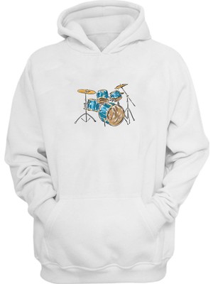 The Wert Unisex Mavi ve Sarı Akustik Davul Beyaz  Normal Kalıp Sweatshirt