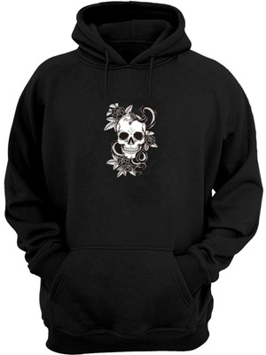 The Wert Unisex Çiçek Kafatası ve Yılan Siyah Normal Kalıp Sweatshirt
