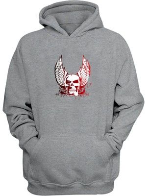The Wert Unisex Siyah ve Kırmızı Kafatası Kanatları Gri  Normal Kalıp Sweatshirt