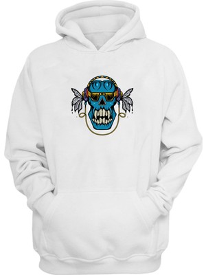 The Wert Unisex Mavi ve Sarı Kafatası Illüstrasyon Beyaz Normal Kalıp Sweatshirt