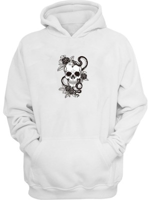 The Wert Unisex Çiçek Kafatası ve Yılan Beyaz Normal Kalıp Sweatshirt