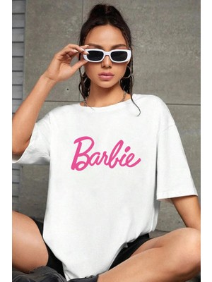 Ömba Spor Kadın T-Shirt Beyaz  Oversize %100 Pamuk Barbie Baskılı