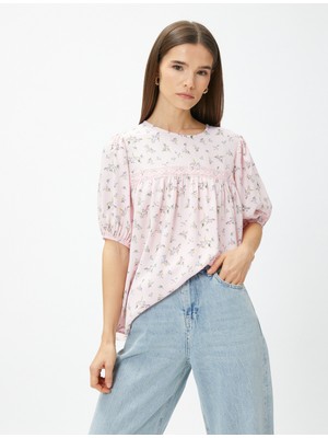 Koton Çiçekli Bluz Fisto Şerit Detaylı Balon Kol