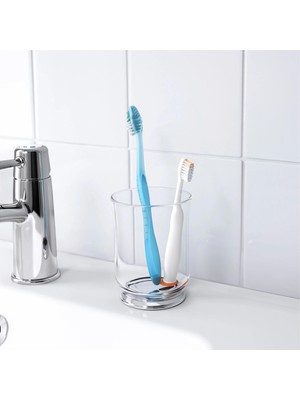 IKEA 2 Parça Cam Banyo Seti 300 Ml Krom Kaplama Şeffaf Sıvı Sabunluk-Diş Fırçalık Seti Modern-Sade Banyo Set 2 Parça