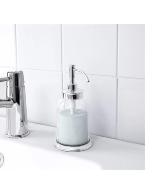 IKEA 2 Parça Cam Banyo Seti 300 Ml Krom Kaplama Şeffaf Sıvı Sabunluk-Diş Fırçalık Seti Modern-Sade Banyo Set 2 Parça