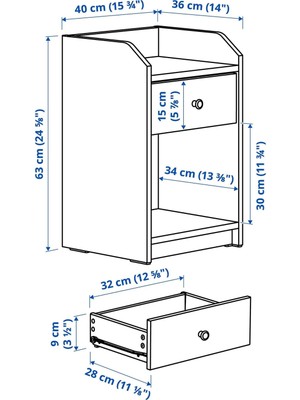 IKEA Komodin, Beyaz Renk Meridyendukkan 40X36 cm 1 Adet Çekmece-2 Adet Açık Depolama Alanı Yatak Odası Mobilyası