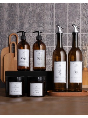 Kitchen Pembelia 3’lü Set 7 Parça Standlı 2li Amber 750 ml Cam Yağlık 2’li Amber Cam Sabunluk 2’li Amber Pamukluk