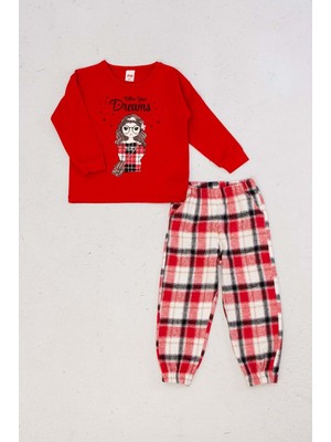 Hopi Kids Kız Çocuk Önü Baskılı Ekose Desenli Pantolonlu Pijama Takımı - Kırmızı - 4-5 Yaş