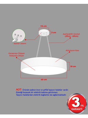 Hegza Lighting Drum 40CM (Beyaz Kasa, Beyaz Işık) Ledli Modern LED Avize, Salon, Mutfak, Oturma Yatak Odası, Sarkıt