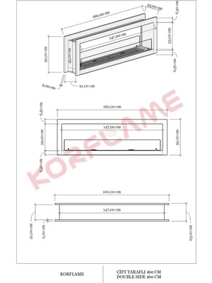 Korflame Çift Taraflı 160 cm Bioetanol Şömine