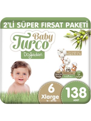 Baby Turco Doğadan 2'li Süper Fırsat Paketi Bebek Bezi 6 Numara Xlarge 138 Adet