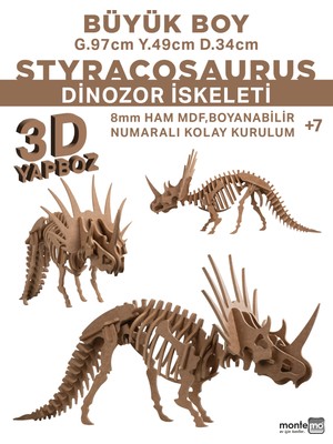 Montemo Styracosaurus 3D Dinozor Maket-Yapboz-Dekoratif Obje-Ahşap-(8mm Ham Mdf)