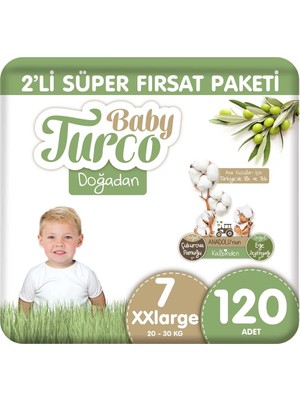 Baby Turco Doğadan 2'li Süper Fırsat Paketi Bebek Bezi 7 Numara Xxlarge 120 Adet