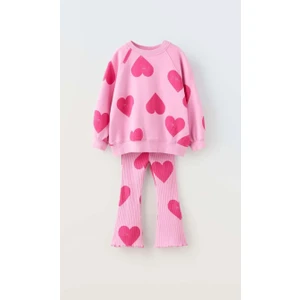 Lolli Boom Kids  Kız Çocuk Kalp Desenli Pamuklu Sweatshirt Tayt Alt-Üst Takım Pembe Renk