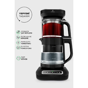 Çaysever Robotea Pro 4 in 1 Konuşan Otomatik Cam Çay Makinesi Su Isıtıcı ve Filtre Kahve Demleme Makinesi 2500W Black Chrome