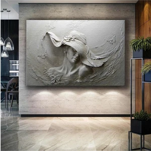 Canvasum Beyaz Mermer Kabartma Efektli Şapkalı Kadın 3D Kanvas Tablo AR030121