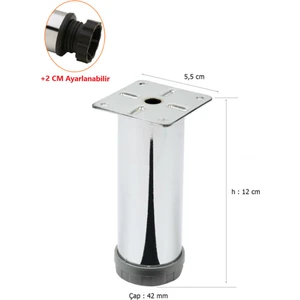 Şenel Yapı Market 12 cm Metal Mobilya Kanepe Baza Koltuk Metal Destek Ayağı Ayarlanabilir Krom Ayak 42 mm