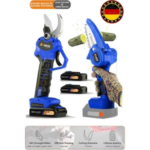 Süper 2'li V258 5000MAH Blue Akülü Budama Makası ve Akülü Testere Ağaç Budama Makinesi