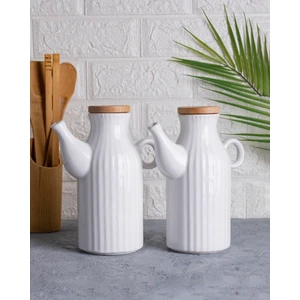 Kitchen Pembelia 2li 1000 ml Beyaz Porselen Yağlık Kapakları Vakumlu Yağdanlık Set