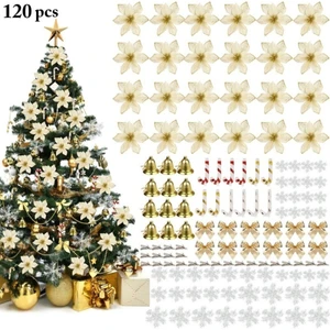 CCmoo Pretty 120 Adet Noel Çiçek Seti Noel Ağacı Süsleme Kolye Çiçekler Kar Taneleri Kamışı Çan Noel Ev Dekorasyonu Altın (Yurt Dışından)