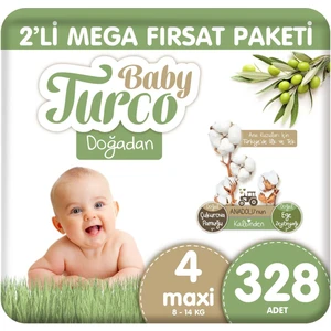 Baby Turco Doğadan 2'li Mega Fırsat Paketi Bebek Bezi 4 Numara Maxi 328 Adet
