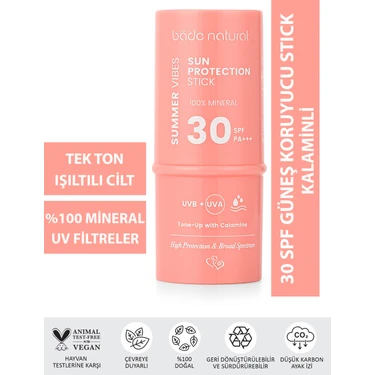 Bade Natural Pembe %100 Mineral Filtreli ve Doğal Güneş Koruyucu Stick 30