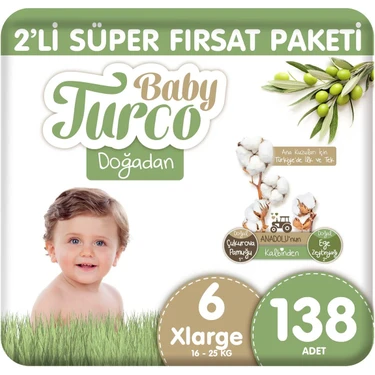 Baby Turco Doğadan 2'li Süper Fırsat Paketi Bebek Bezi 6 Numara Xlarge 138